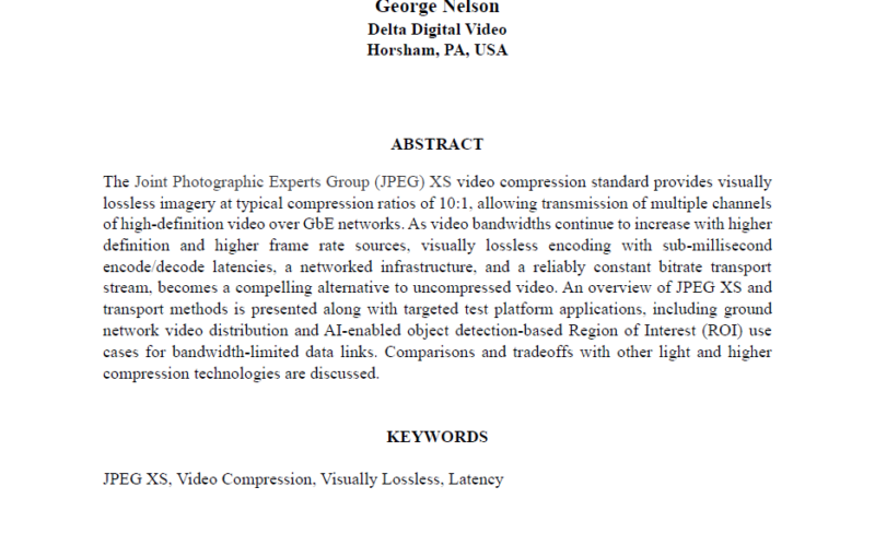 JPEG XS Compression for Video Telemetry-S. Schaphorst and G. Nelson