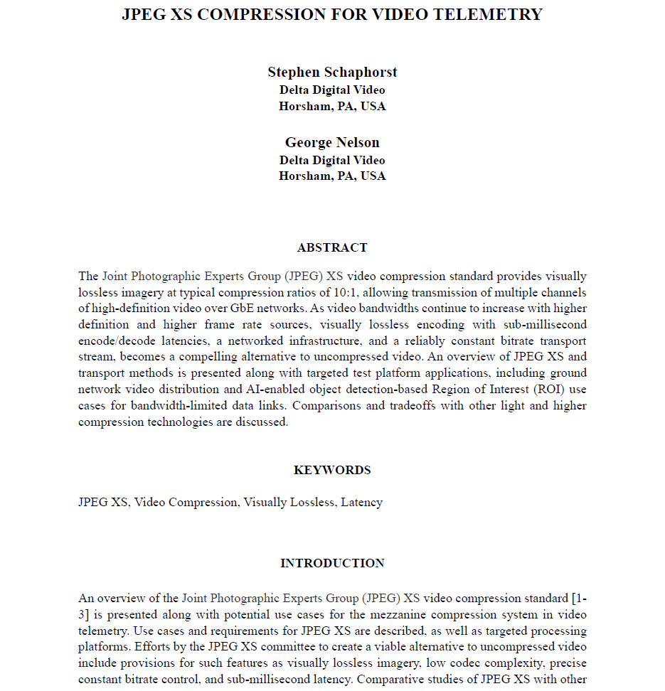 JPEG XS Compression for Video Telemetry-S. Schaphorst and G. Nelson